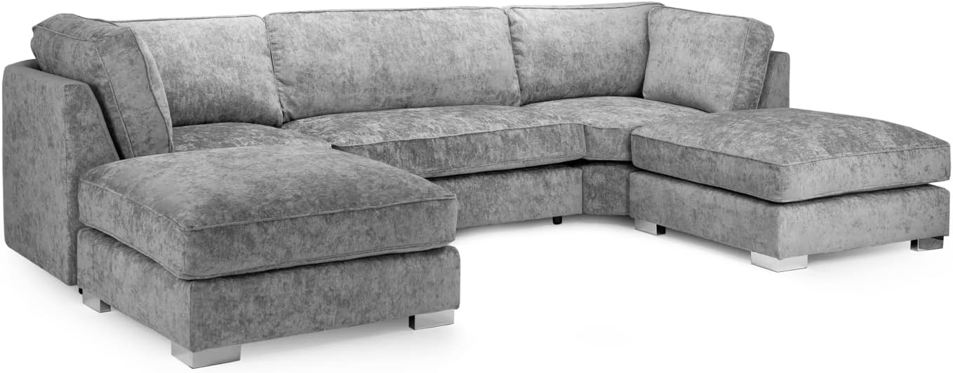 Bishop Fullback Corner U Shape Sofa in Platinum Grey Upholstery Chenille Fabric 5 Seater With Removable Footstools